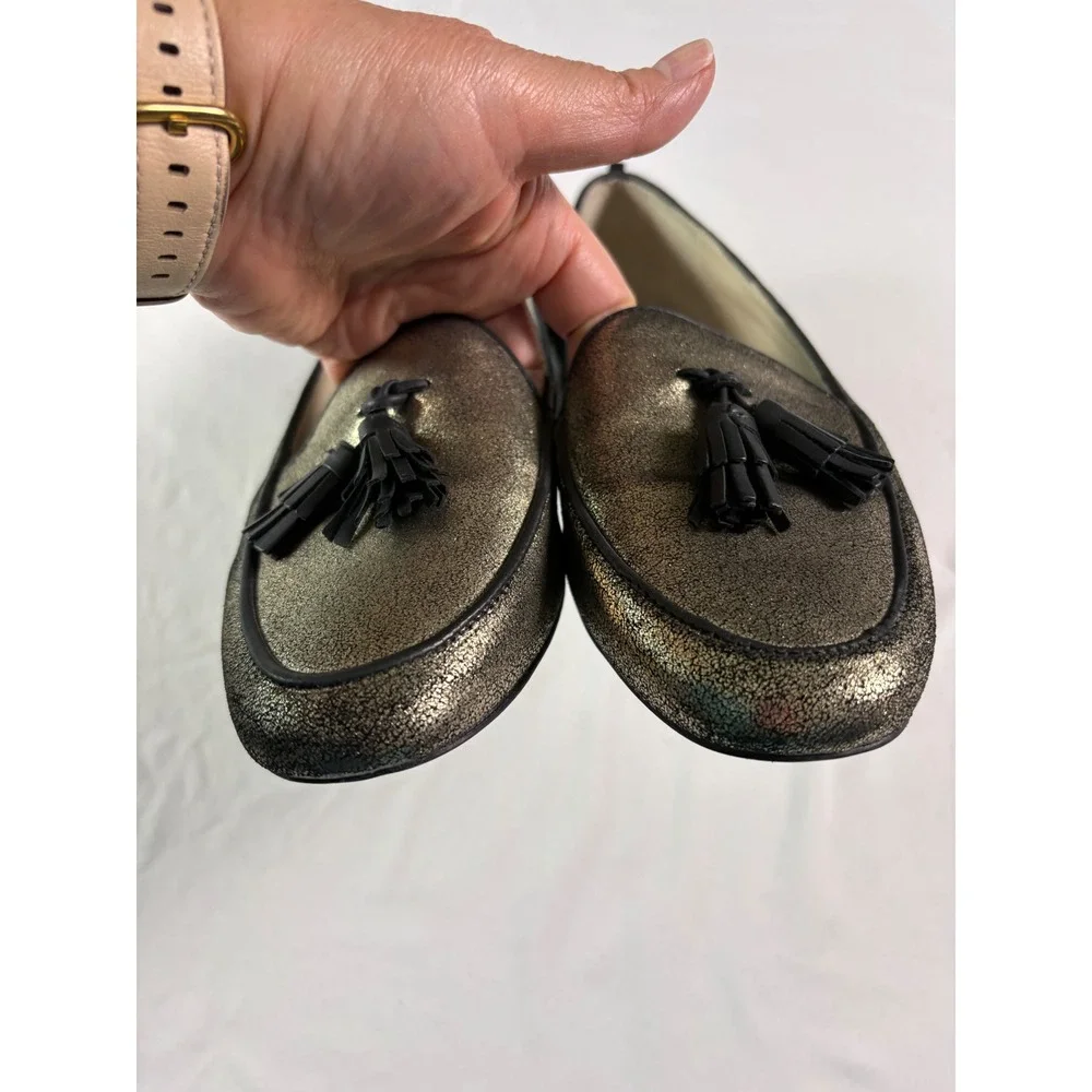 Boden Ines Tassel Loafers 37.5 US 6.5 Metallic Gold‎ Leather Flats Preppy Whimsy
